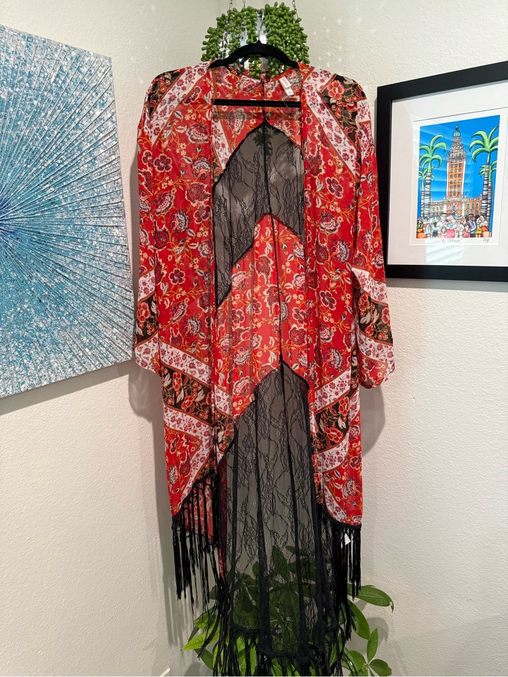 Xhilaration Red Floral Lace Fringe Kimono with Black Panels